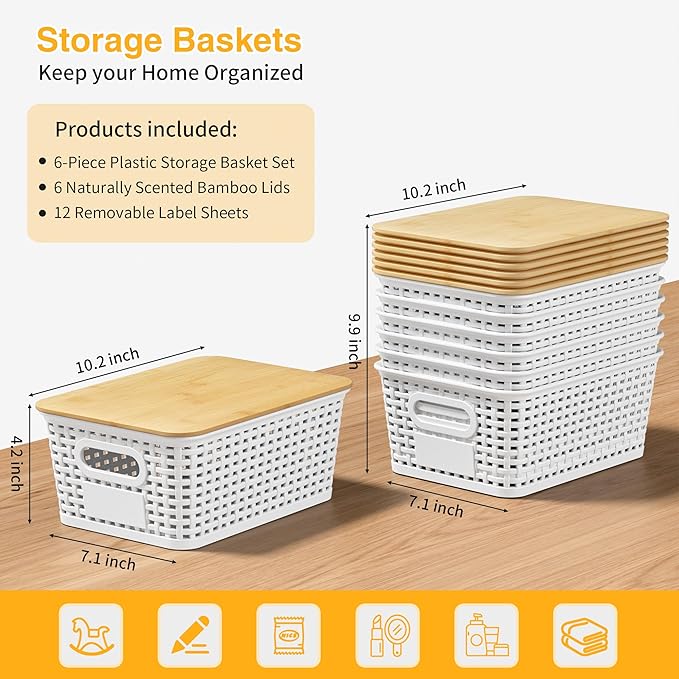 6 Pieces White Plastic Storage Baskets with Bamboo Lids with Labels Stackable Storage Containers for Organizing Shelves Drawers Desktop Closets Office