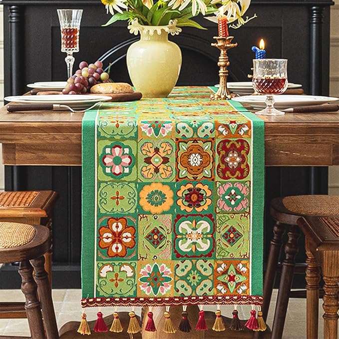13×72 Inch Table Runner, Retro-Luxury Tassels Series for Kitchen Dining Table Holiday Decoration (Ethnic Green)