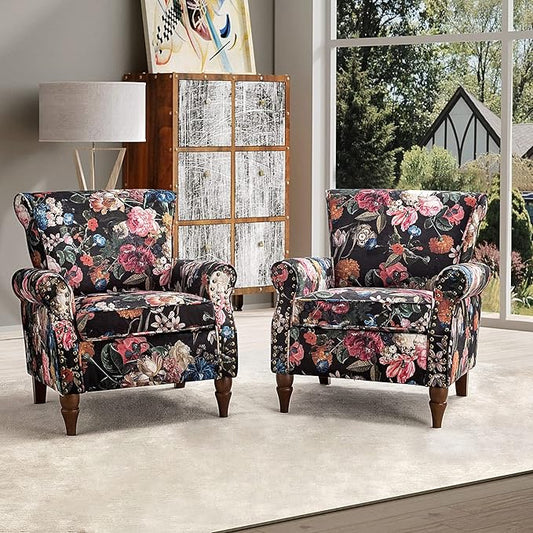HULALA HOME Modern Wingback Accent Chairs Set of 2 with Wood Legs & Removable Cushion, Comfy Upholstered Armchairs with Nailhead Trim, Floral Pattern Single Sofa Chairs for Living Room Bedroom, Black