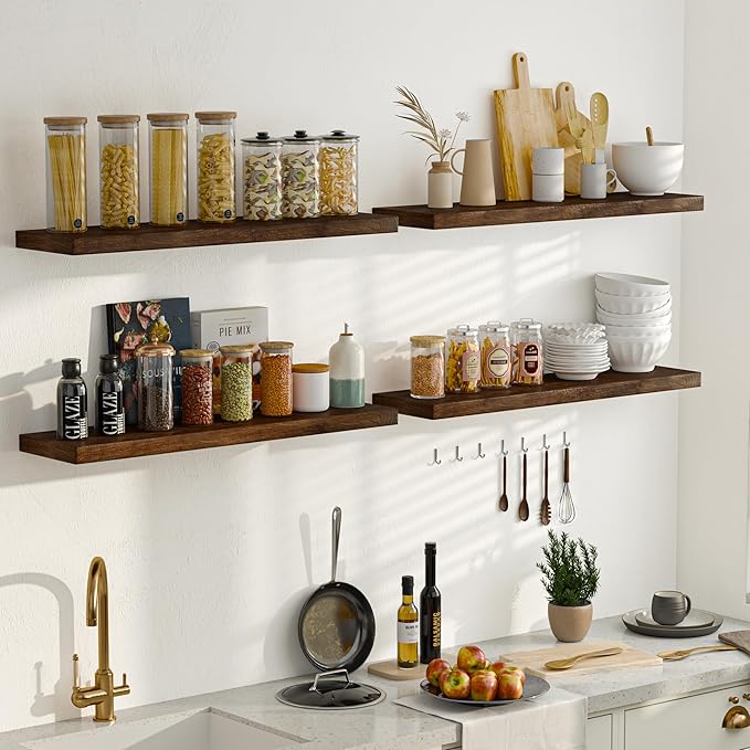 Fun Memories Solid Elm Wood Floating Shelves, 36 Inch Floating Shelves for Wall, Wall-Mounted Wooden Shelves with Invisible Heavy-Duty Brackets for Books, Bathroom, Kitchen, Walnut, 2 Pack