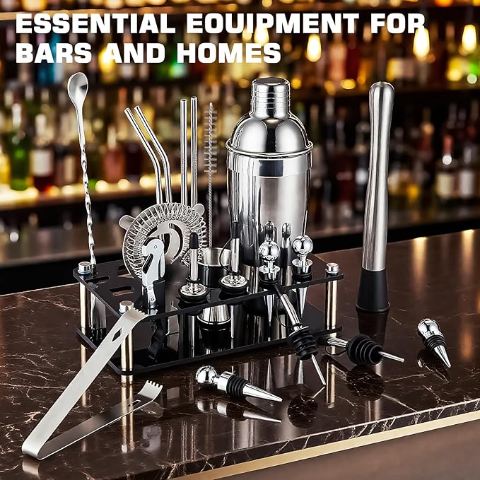 18-Piece Professional Cocktail Shaker Set and Bartender Kit with Stand, Stainless Steel Bar Tools Gift Set with Muddler, Jigger, Mixing Spoon for Home Bar and Mixology