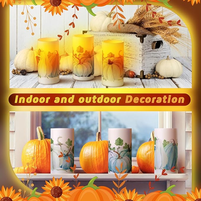 ROCEEI 3 Pack Thanksgiving Fall Flameless LED Candles with Remote Blue Pumpkin Battery Operated Real Wax Black and White Autumn Candles Thanksgiving Decor Gift(Fresh Style)