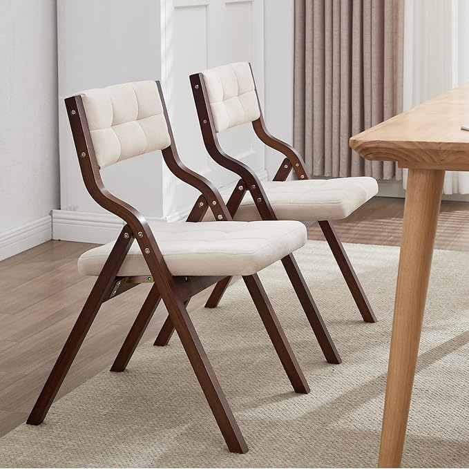 2-Pack Folding Dining Chairs with Cushion,Padded Foldable Dining Chairs,Portable Wooden Folding Chairs for Dining Rooms Kitchen Wedding and Party Indoor Walnut Beige