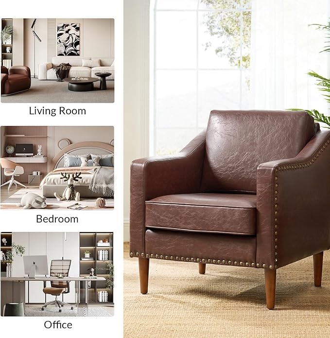 HULALA HOME Faux Leather Accent Armchairs Set of 2 with Back & Seat Cushions, Traditional Club Chairs with Nailhead Trim, Comfy Upholstered Sofa Chairs for Living Room Bedroom, Brown