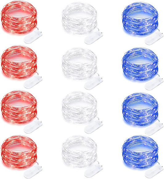 12 Pack 4th of July Lights 7 Feet 20 Led Waterproof Red White and Blue Lights Silver Wire Firefly Starry Moon Lights for Bedroom Independence Day Fouth of July Decor (Red & White & Blue)