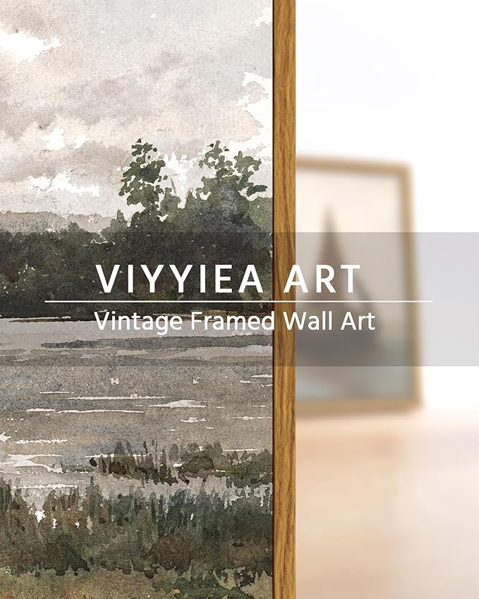 VIYYIEA Vintage Nature Framed Wall Art, Lakeside Landscape Paintings Art Decor Aesthetic, Canvas Print Artwork, Retro Scenery Wall Pictures for Bedroom Bathroom Office 12X16 Inch