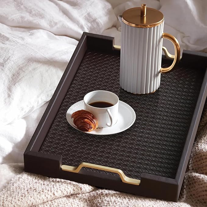 HofferRuffer Faux Leather Rectangle Serving Tray Decor Platter with Gold Metal Handles for Coffee Table, Breakfast, Tea, Food, Countertop, Kitchen, Butler Tray, 16.2 x 12.2 x 2 inches (Coffee)