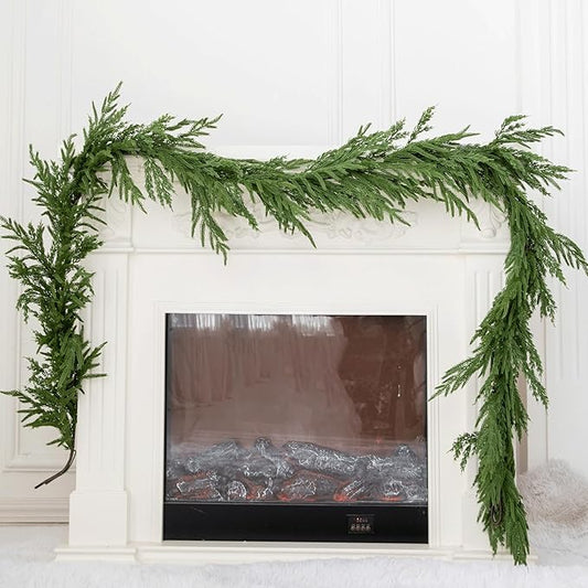 15ft Handmade Christmas Garland,Artificial Cypress Cedar Pine Needles Greenery Seasonal Garland for Christmas TV Cabinet Winter Holiday Indoor Outdoor Decoration