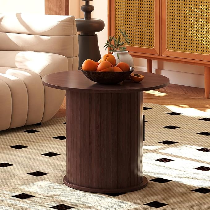 Round Wood Coffee Table 23.6IN with Hidden Storage & Sliding Door, Circle Farmhouse Side Table Sets for Living Room, Bedroom, Balcony, Small Spaces, Walnut