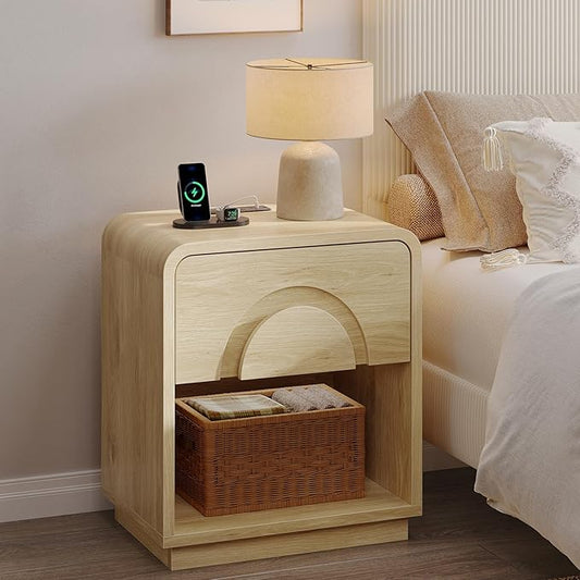 Bestier 23.6" Tall Nightstand with Charging Station, Mid Century Modern Bedside Table with Drawer Storage, Arch Style Design, Curved Profile, Side End Table for Bedroom