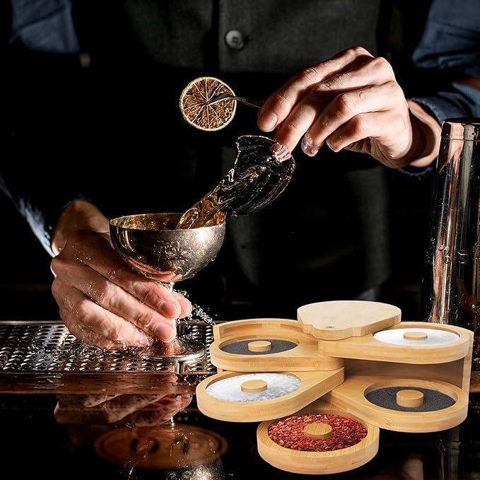 Bamboo 5-Tier Margarita Salt Rimmer Set with Swivel Lids & 5 Sponges – Cocktail Glass Rimmer for Home Bar, Bartender & Party Drinks, Eco-Friendly Design