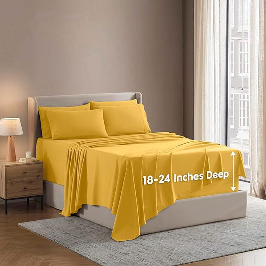 Nestl Extra Deep Queen Sheet Set - 6 Piece Breathable & Cooling Sheets - Hotel Luxury Bedding Set w/18-24 Inch Deep Pockets - Easy & Secure Fit - Super Soft, Wrinkle Free & Comfy - Yellow