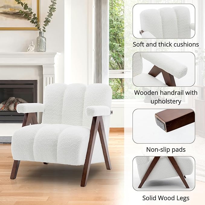 Mid Century Modern Accent Chair with Solid Wood Frame, Boucle Upholstered Living Room Chairs with Thick Cushion, Comfy Tufted Arm Chair for Bedroom, Ivory
