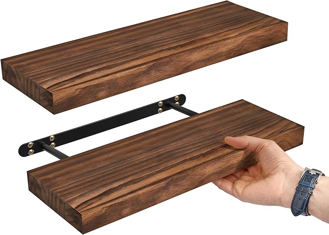 Sorbus Wood Floating Shelves for Wall - 16” Solid Wood Wall Shelves for Bathroom Decor, Books, Bedroom & Living Room - Set of 2 Walnut Wall Mounted Kitchen Shelves - Durable Solid Pine