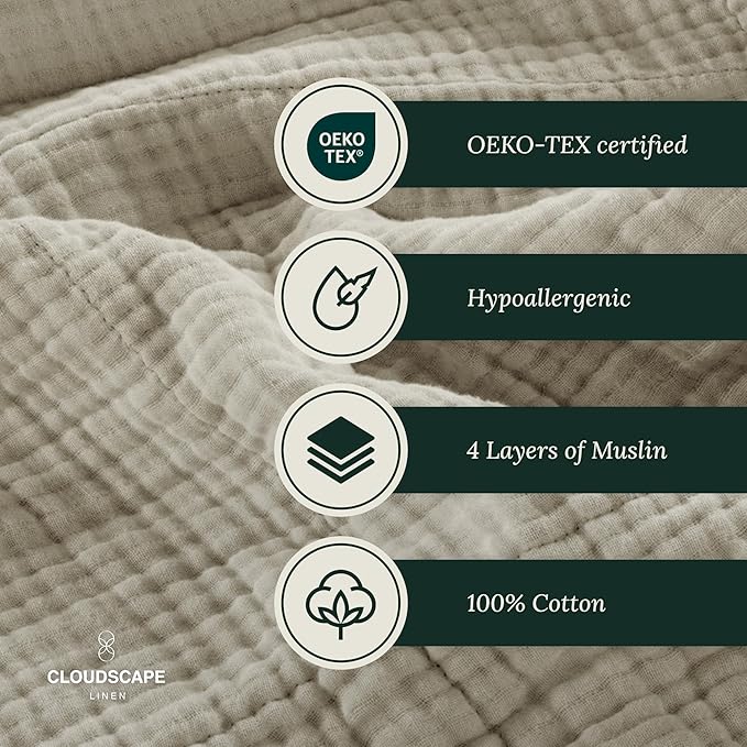 Cloud Scape Linen Extra Large 4 Layer Muslin Throw Blanket - 100% Cotton Gauze, Lightweight & Breathable All Season, Pre-Washed, for Couch & Bed, 50x70, Beige Fog