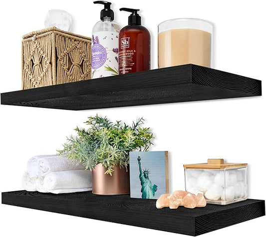 Sorbus Wood Floating Shelves for Wall - 24” Solid Wood Wall Shelves for Bathroom Decor, Books, Bedroom & Living Room - Set of 2 Black Wall Mounted Kitchen Shelves - Durable Solid Pine