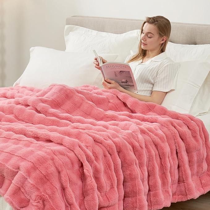 Cozy Bliss Fluffy Faux Fur Blanket Queen Size for Bed, Fuzzy Soft Striped Plush Blanket, Thick Throw for Bedroom Couch Gift, 90x90 Inches Pink