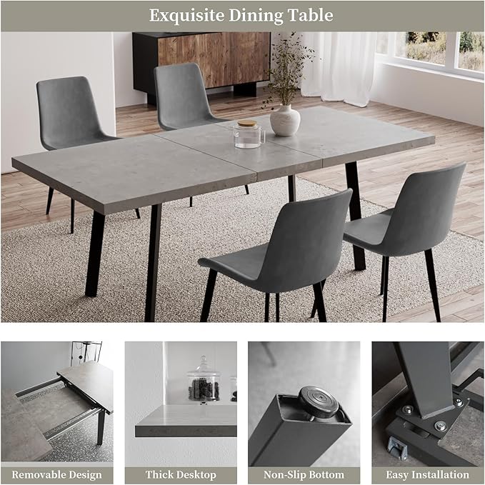 5PCS 47.2"- 62.9" Extendable Dining Table Set, Kitchen Table with PU Leather Dining Chairs for 4-6 Person, Thickened Expandable MDF Wooden Table with Metal Legs