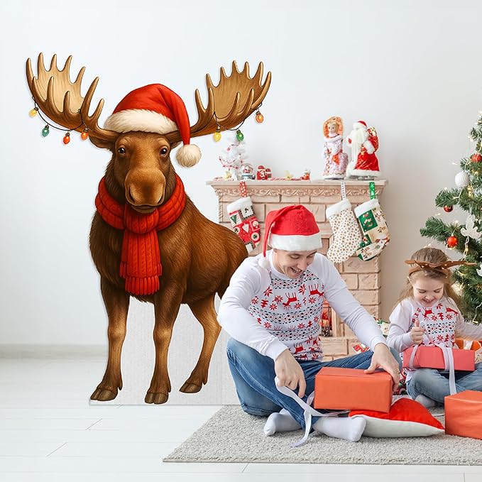 Moose - Xmas Life Size Standee - 4FT Freestanding Coroplast Cutouts | Safari Animal Standup Photo Booths, Jungle Party, Birthday & Halloween Decorations