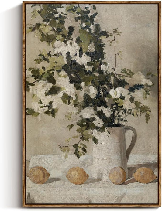 VIYYIEA Vintage Floral Large Framed Wall Art, Flowers and Lemons Paingtings Decor Aesthetic, 20x30 Inch Canvas Print Artwork, Farm Still Life Wall Pictures for Bedroom Living Room
