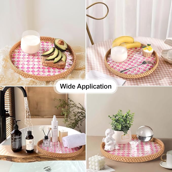 Round Rattan Tray with Mother of Pearl Inlay, Rattan Serving Tray for Coffee, Bread, Fruits, Decorative Wicker Tray for Table Decor, Home Decor, Kitchen Island Decor(Pink Checkerboard, 11.8")