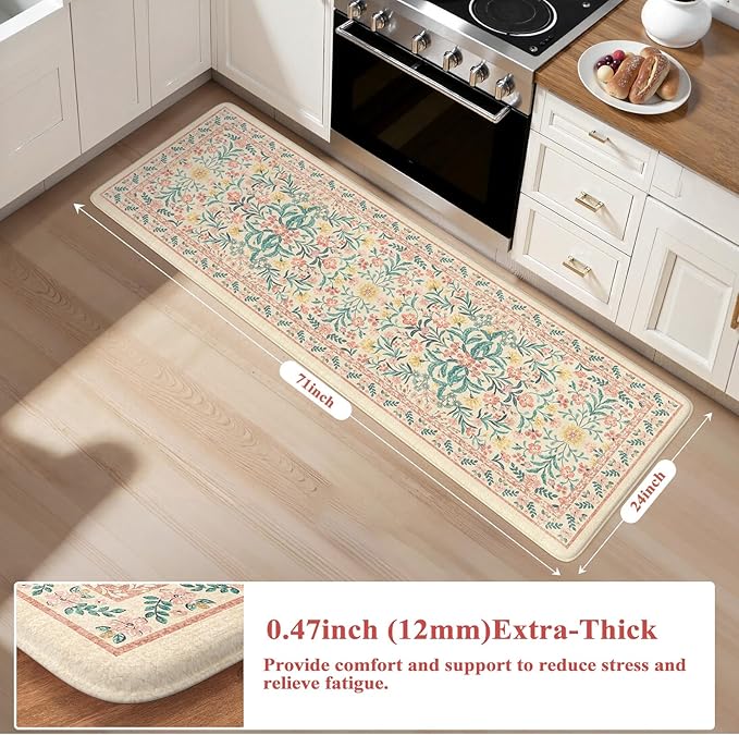 Collive Kitchen Mats for Floor, Cushioned Anti Fatigue Mat Pink Floral Rugs Non Skid Waterproof Sink Rug, Memory Foam Comfort Standing Mat for Office, Laundry, Desk, 2'x6'