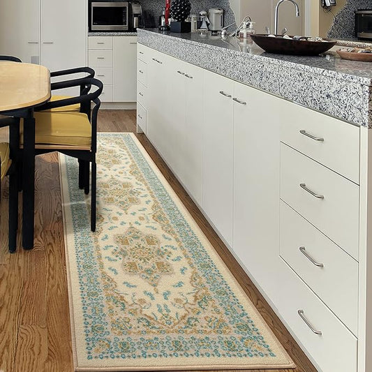 Antep Rugs Alfombras Oriental Traditional 2x10 Non-Skid (Non-Slip) Low Profile Pile Rubber Backing Indoor Runner Rugs (Blue Beige, 2' x 10')