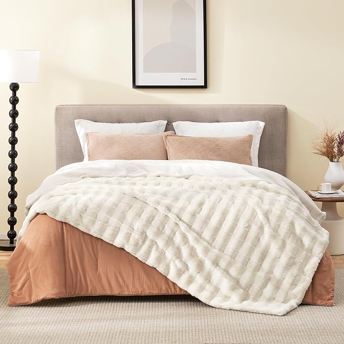 Cozy Bliss Fluffy Faux Fur Blanket Queen Size for Bed, Fuzzy Soft Striped Plush Blanket, Thick Throw for Bedroom Couch Gift, 90x90 Inches Cream White