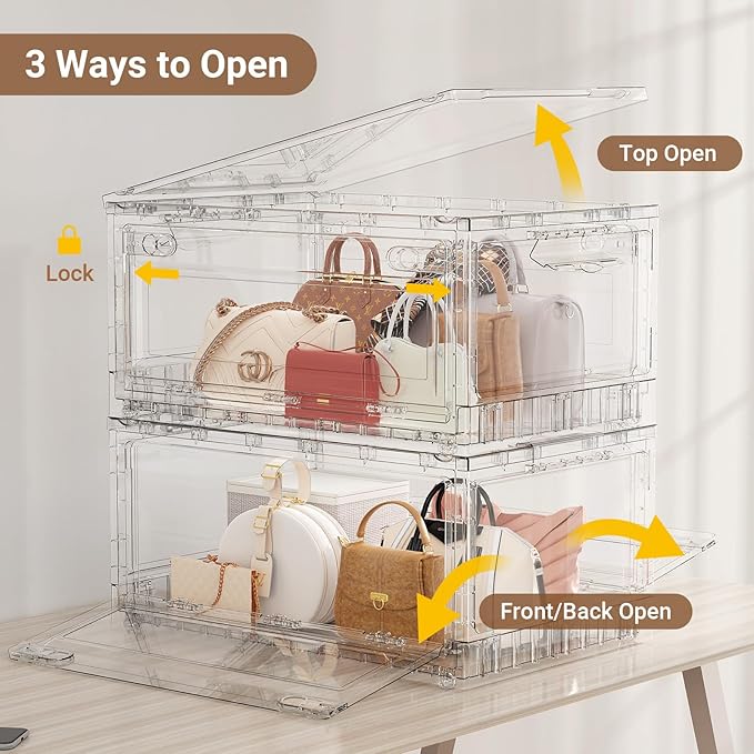 BROVIEW Clear Stackable Storage Bins Drawers, 320Qt Open Front Large Plastic Storage Bins with Lids and Wheels, Foldable Closet Organizers and Storage for Wardrobe Cabinets, Pantry, Makeup,4 Pack