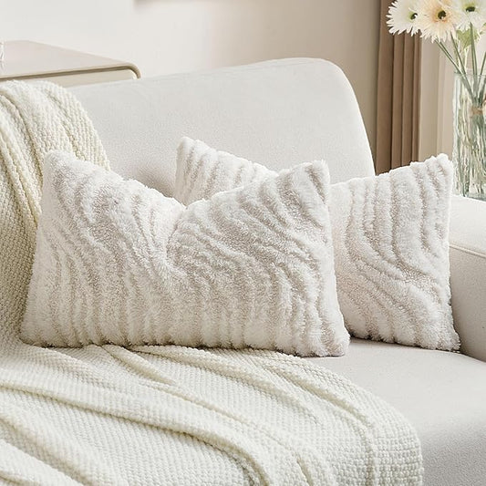 FUTEI White Decorative Throw Pillow Covers 12x20 Inch Set of 2,Soft Faux Fur Geometric Shapes Texture Pillowcase,Boho Home Decor for Couch Bed Living Room
