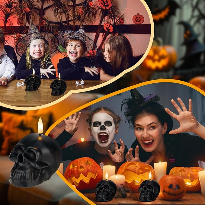 Halloween Flameless Candles with Remote, Real Wax Skull Battery Operated Candles, Flickering LED Fake Candle, Halloween Decorations for Table, Fireplace, Home, Party, Festival Decor