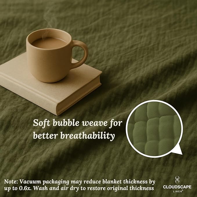 Cloud Scape Linen 100% Cotton 8 Layer Muslin Blanket Twin Size,Lightweight, Breathable Bed Blanket, Suitable for All Season, Cotton Gauze for Couch & Sofa, 68x92, Olive Green