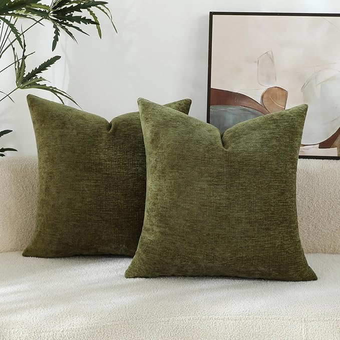 Sage Green Chenille Decorative Couch Throw Pillow Covers, Soft Cushion Cases for Home Livingroom Sofa Décor, Pack of 2, 14 x 14 Inches