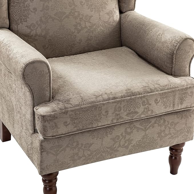 HULALA HOME Wingback Accent Chair with Retro Wood Legs, Traditional Fabric Armchair for Living Room Bedroom, Comfy Upholstered Single Sofa Chair Reading Chair with Unique Pattern Design, Brocade