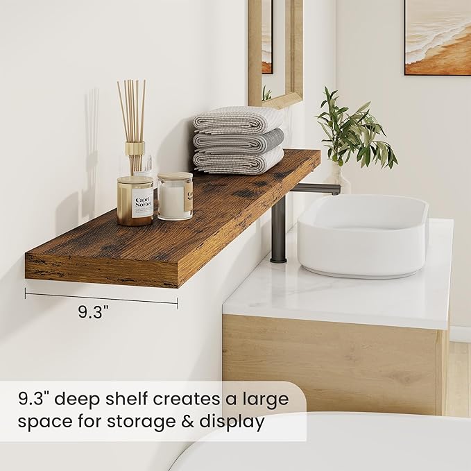 Fun Memories 55 Inch Fireplace Mantel Shelf -Long Floating Shelves, Deep Wall Mounted Farmhouse Display Shelves with Invisible Heavy Duty Metal Bracket, Brown, 2 Pack