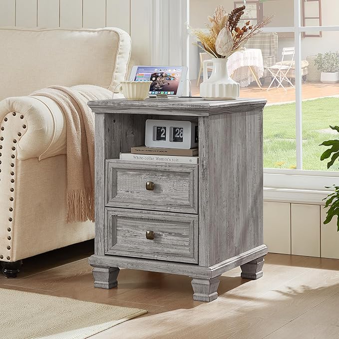 Farmhouse Nightstand with Charging Station, Rustic Grey Nightstand,2 Drawers End Table for Living Room,Bedside Table with Open Shelf for Bed Room,Grey