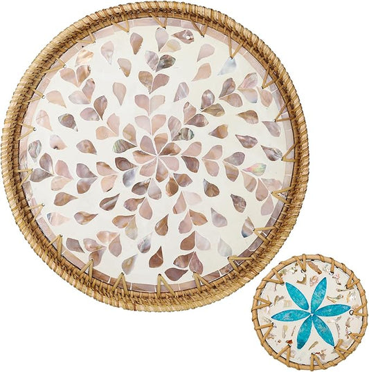 Round Rattan Serving Tray with Mother of Pearl Inlay & Coaster, Boho Wicker Basket, Decorative Coffee Table Tray for Table Decor, Storage and Display of Coffee Bread Fruit (Wicker)