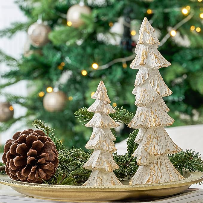 Vintage Christmas Tree Figurines White with Gold, 9.64" Tabletop Xmas Tree Ornaments Christmas Centerpieces for Mantle Desk Decor, Decorative Trees Set of 2 for Modern Farmhouse Indoor Decor