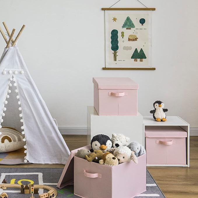 GRANNY SAYS Storage Bins Fabric, Large Storage Bins with Lids, Collapsible Storage Box Closet Shelf, Decorative Storage Baskets for Organizing Bedroom Dorm Nursery, Pink, 3-Pack