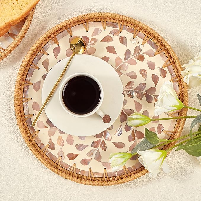 Round Rattan Tray with Mother of Pearl Inlay, Rattan Serving Tray with Wooden Base, Decorative Wicker Basket for Table Decor, Storage and Display of Coffee Bread Food Fruit (Wicker)