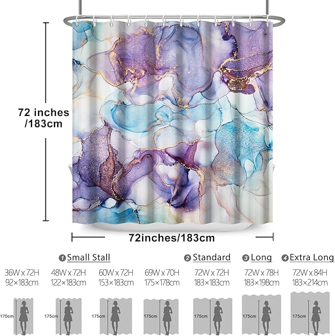 Renaiss Purples Blue Marble Shower Curtain Modern Abstract Watercolor Ink Painting Shower Curtain for Bathroom Room Partition Hotel Bathtub Decorative Shower Curtains Waterproof 72" W x 84" L