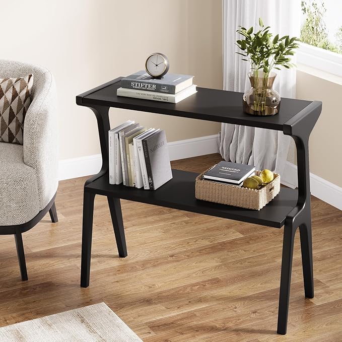 Tribesigns 2-Tier Wood End Table, Modern Narrow Sofa Side Table with Storage, Slim Wooden Bedside Table with Unique Legs for Bedroom, Living Room, Small Spaces, Easy Assembly, Black