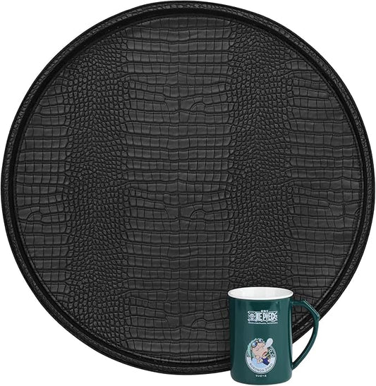 HofferRuffer Round Serving Tray 20'', Elegant Faux Leather Circle Ottoman Table Tray, Serve Tea Coffee Breakfast in Bedroom Living Room Kitchen (Classic Black)