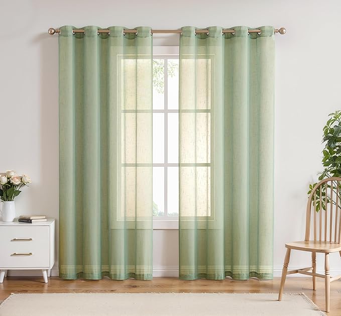 Sage Linen Sheer Curtain Panel Pairs 84 Inches Long with Grommets/Eyelets Rustic Window Treatment Drapery Sets for Living Room Bedroom Farmhouse (Green, 54"x84", 2 Panels)