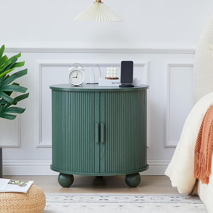 AVZEAR 24" Large Round End Table with Charging Station, Farmhouse Fluted Sofa Side Table with Sliding Tambour Door & Storage, Mid-Century Wood Nightstand for Living Room, Bedroom, Green