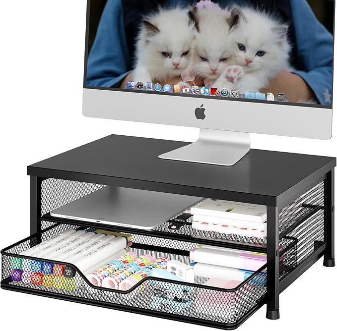 Desk Organizers and Accessories, 2-Tier Computer Monitor Stand Riser with Drawer, Laptop Stand, Office Desk Accessories, Workspace Desktop Organizer for Office Supplies, Black