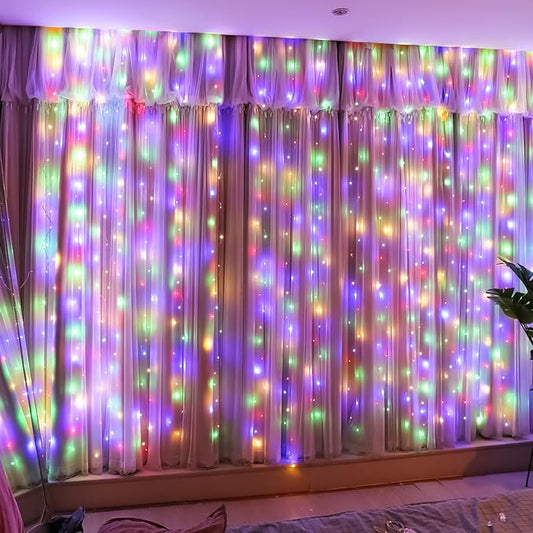 HXWEIYE 300LED Fairy Curtain Lights, 9.8x9.8Ft Multicolor USB Plug in 8 Modes Timer Christmas String Hanging Lights with Remote for Bedroom Backdrop Wedding Party Home Wall Garden Outdoor Indoor Decor