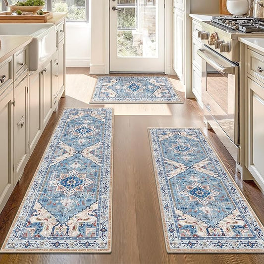 Yamaziot Boho Washable Kitchen Rugs Sets of 3, Non Slip Kitchen Mats for Floor with Rubber Backing, Waterproof & Stain Resistant Thick Carpet Runner Throw Rug for Kitchen, Laundry Room, Hallway