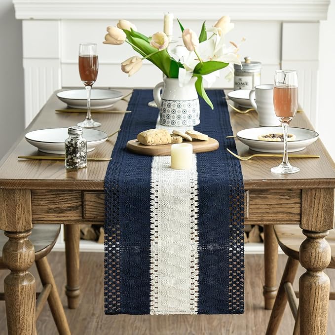 Artoid Mode Dark Blue Farmhouse Rustic Table Runner, Seasonal Hollow Kitchen Dining Table Decoration for Home Party Decor 12x60 Inch