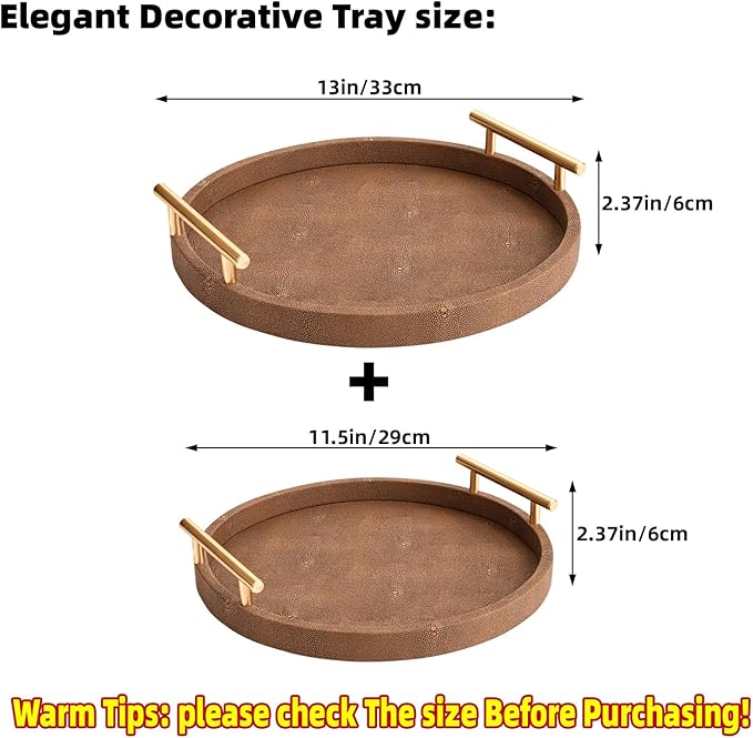 Set of 2 Round Shagreen Serving Tray, Modern Decorative Tray with Gold Polished Metal Handles, Coffee Table Ottoman Trays Perfume Trays Living Room Bathroom Home Decor (Brown)
